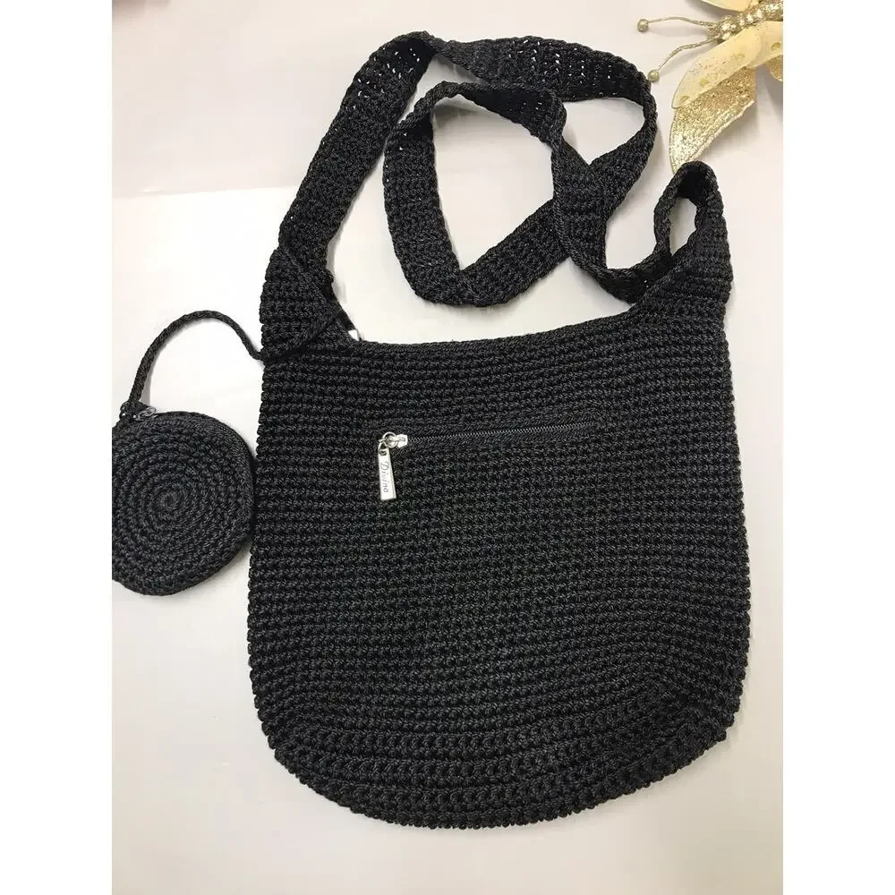 Divine Small Handmade Crocheted Crossbody with Attached Coin Purse Black 10